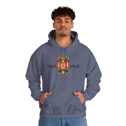 Model wearing USA World Cup 2026 hoodie with crest emblem on front