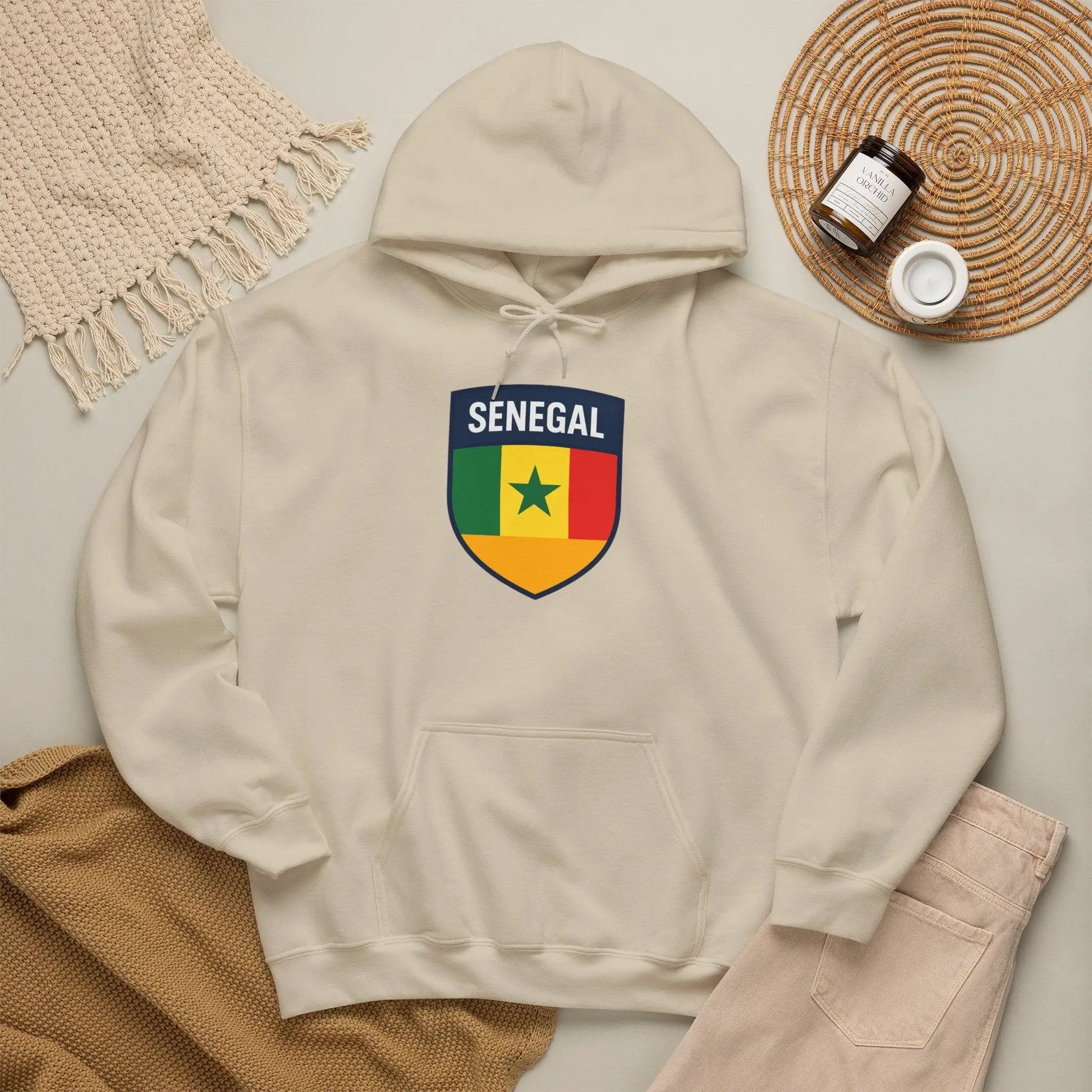 Senegal Flag Crest Hoodie With Shield Emblem For Fans And Travelers by Printify