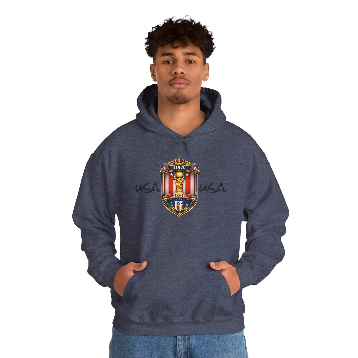 Person wearing USA World Cup 2026 hoodie with crest on navy cotton-poly, front pocket, unisex fit.