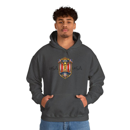Man wearing USA World Cup 2026 hooded sweatshirt with crest, ribbed cuffs, front pocket, unisex fit, cotton-poly.