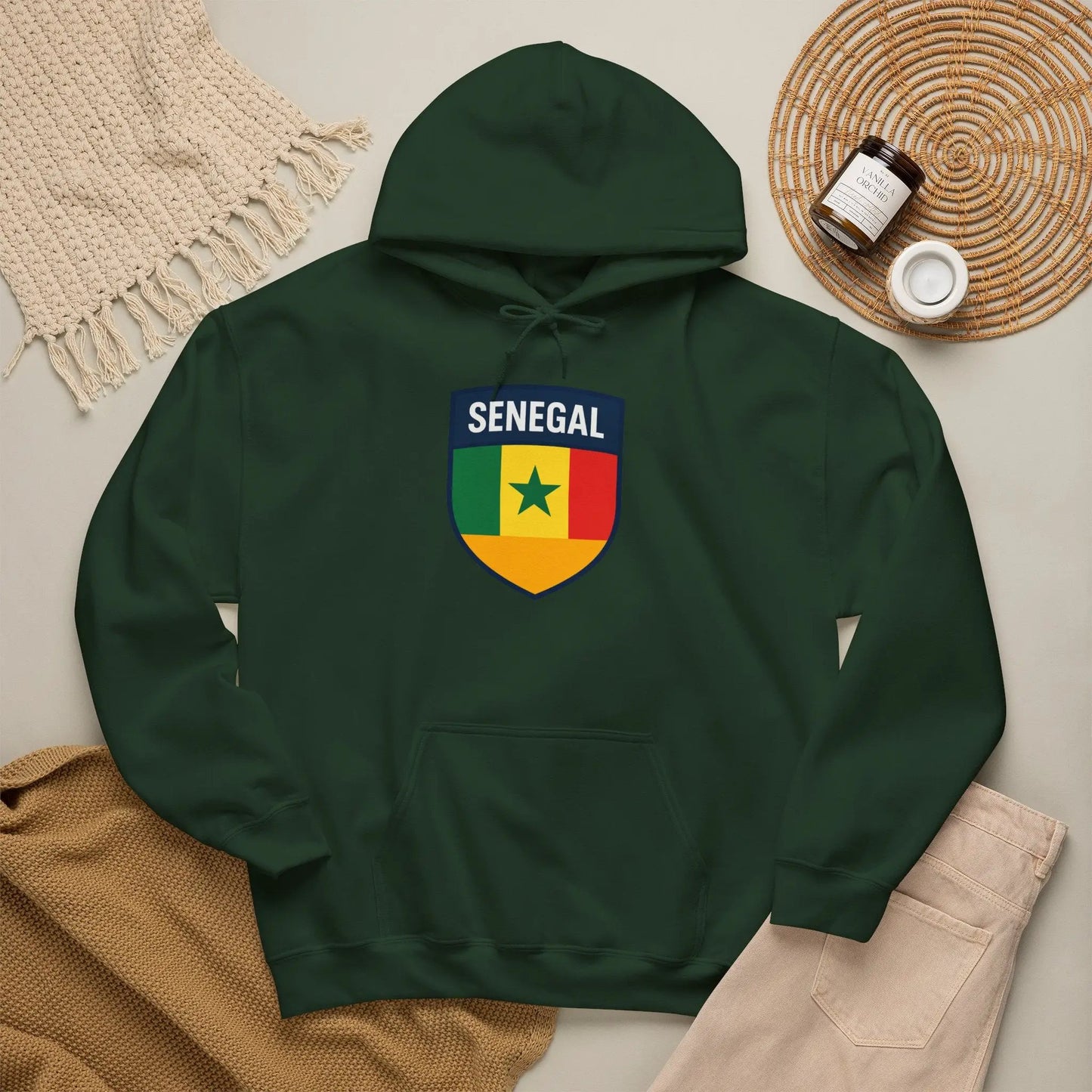 Senegal Flag Crest Hoodie With Shield Emblem For Fans And Travelers by Printify