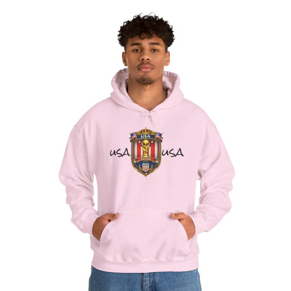 Person wearing pink USA World Cup 2026 Hooded Sweatshirt with crest and front pocket.