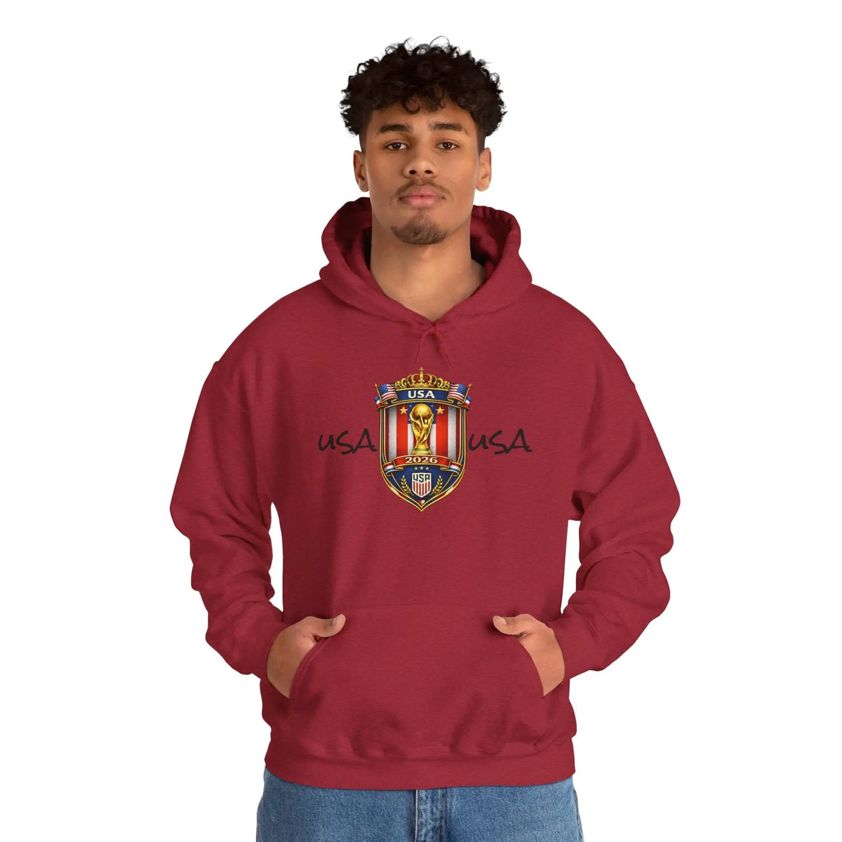 Person wearing USA World Cup 2026 hoodie in maroon with crest emblem.