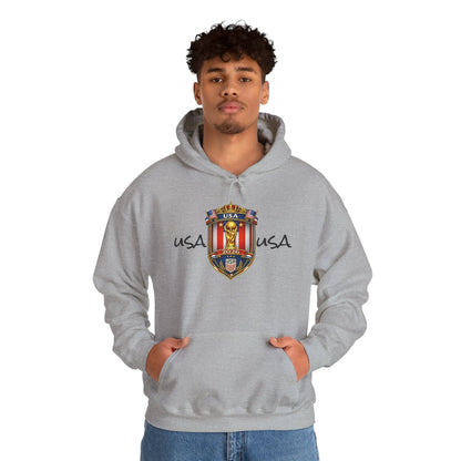Model wearing a gray USA World Cup 2026 hoodie with crest emblem and front pocket.