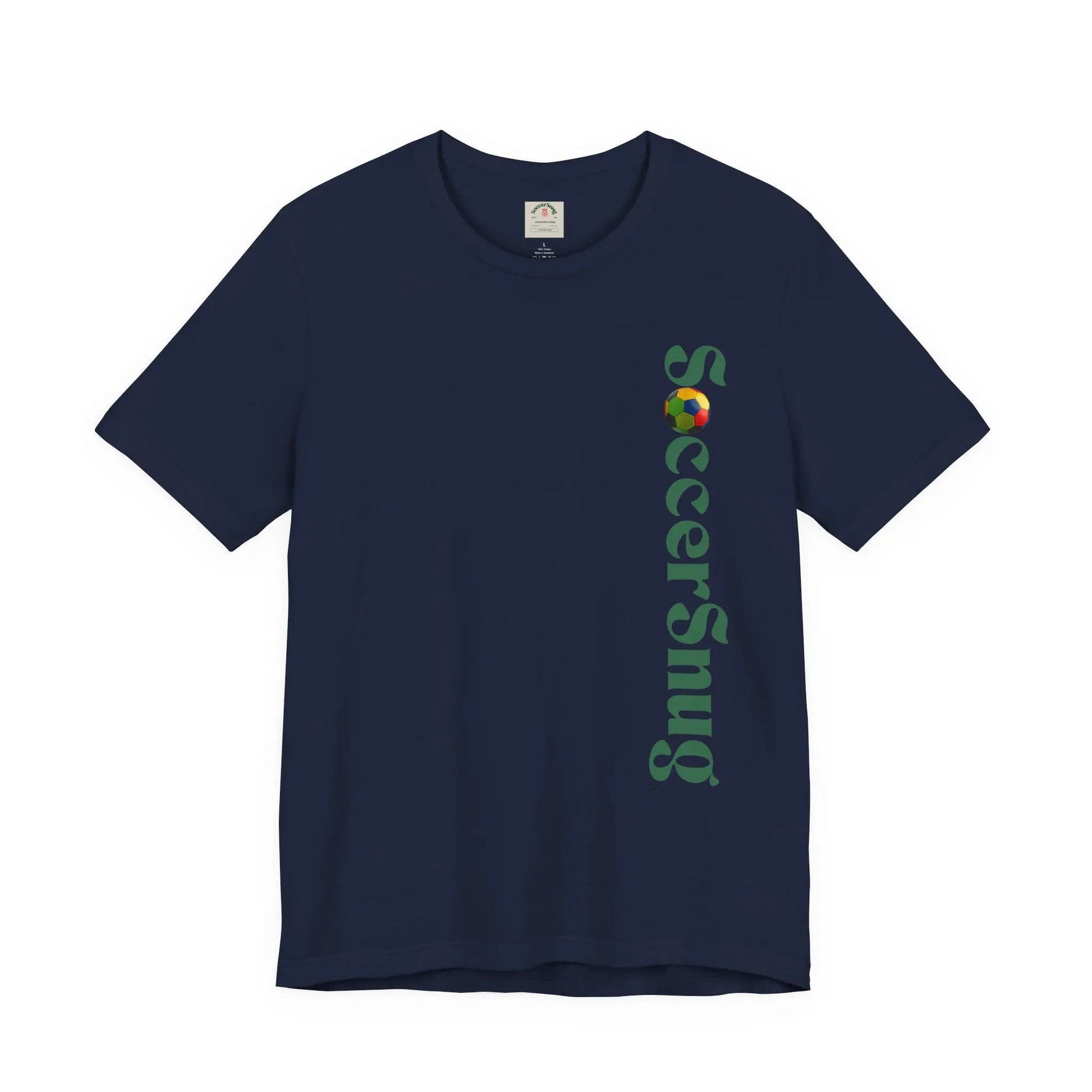 SoccerSnug Vertical Logo Tee Casual Soccer Fan Shirt by Printify