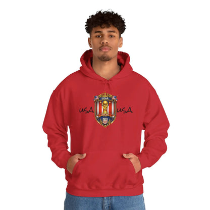 Red USA World Cup 2026 hooded sweatshirt with crest worn by person.
