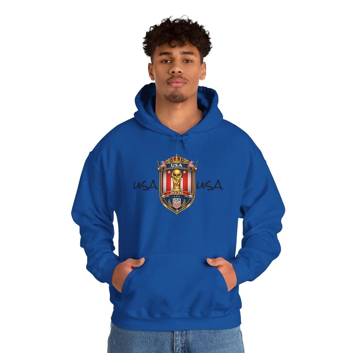 Unisex blue USA World Cup 2026 hoodie with crest and front pocket.